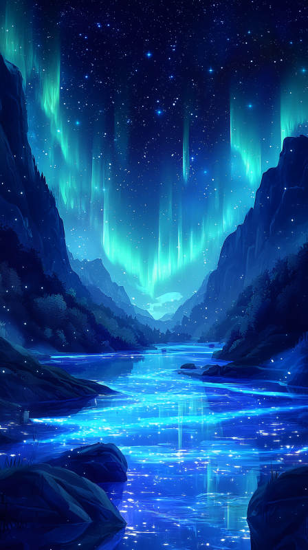 星河璀璨下的蓝色河流图片