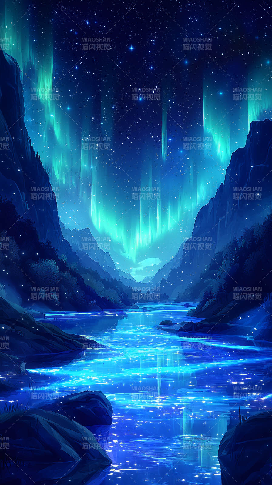 星河璀璨下的蓝色河流图片