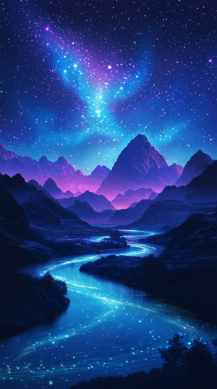 星河璀璨下的蓝色河流图片