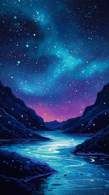 星河璀璨下的蓝色河流图片