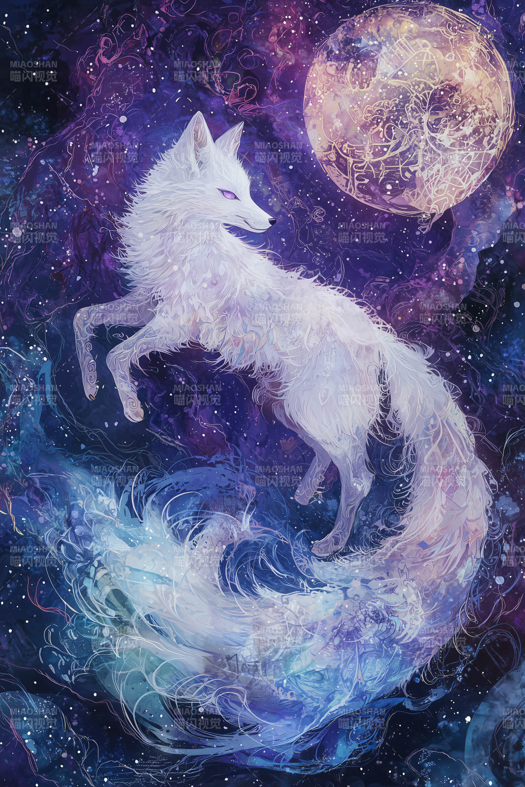 神秘月夜白狐图片