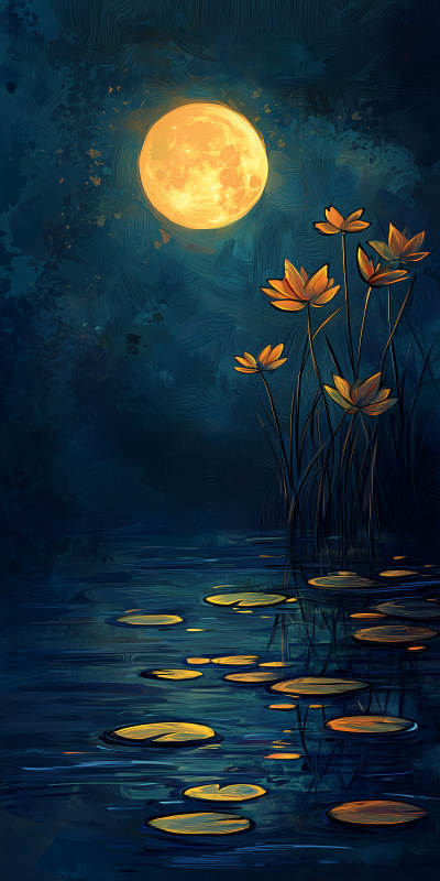 月夜莲池静谧月光图片