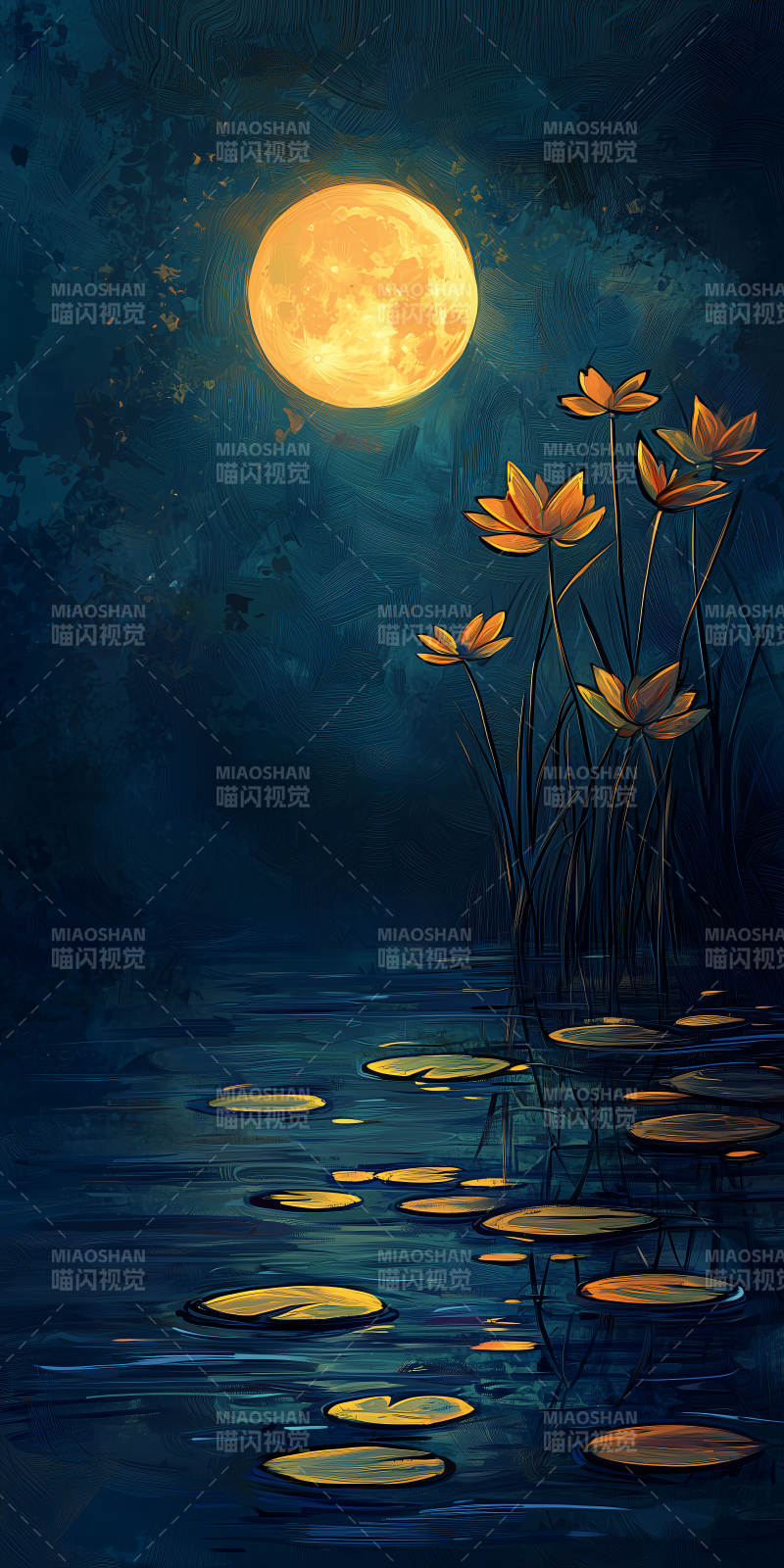 月夜莲池静谧月光图片