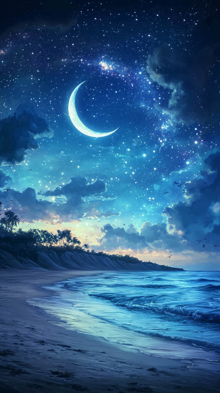 月夜海滩静谧海湾图片