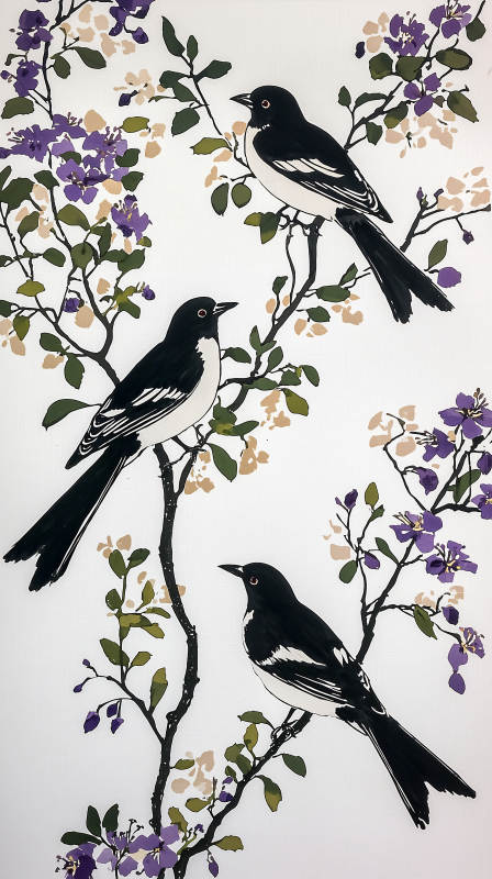 黑白水墨鸟与花枝图片