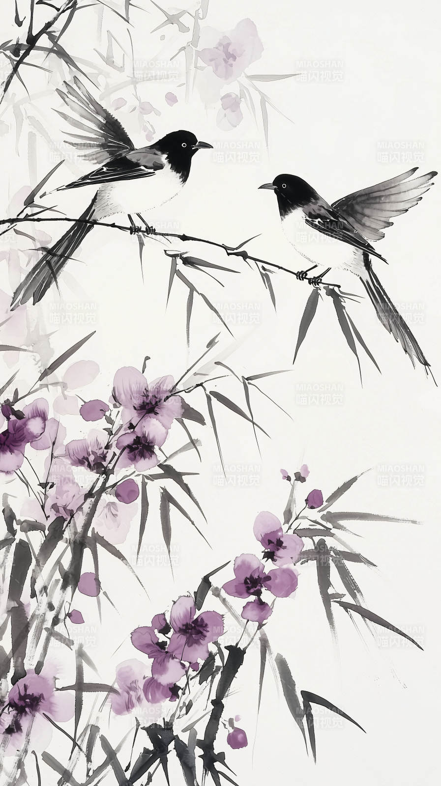 黑白水墨鸟与花枝图片