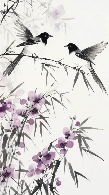 黑白水墨鸟与花枝图片