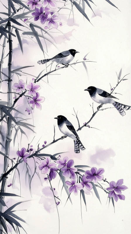 黑白水墨鸟与花枝图片