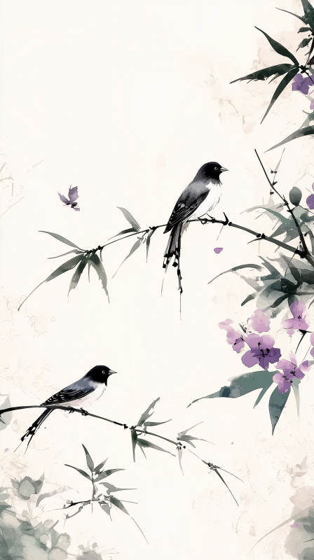 黑白水墨鸟与花枝图片