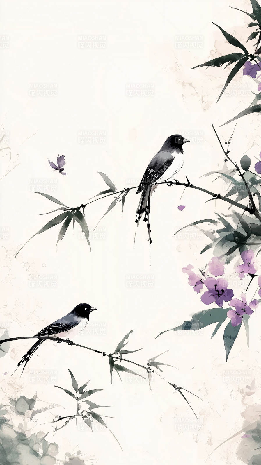 黑白水墨鸟与花枝图片