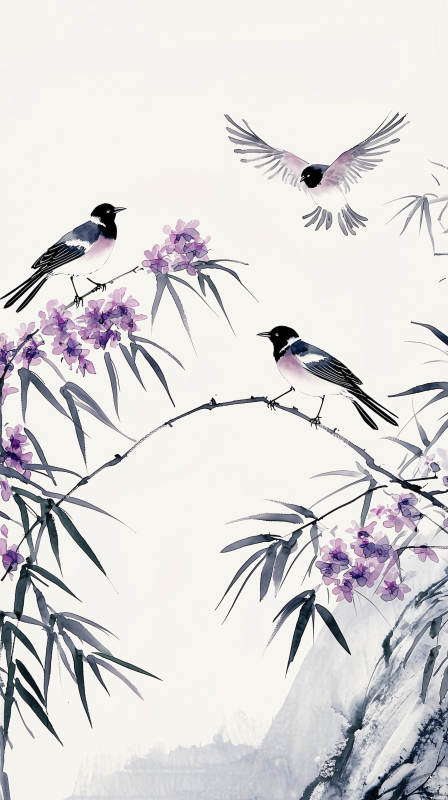 黑白水墨鸟与花枝图片