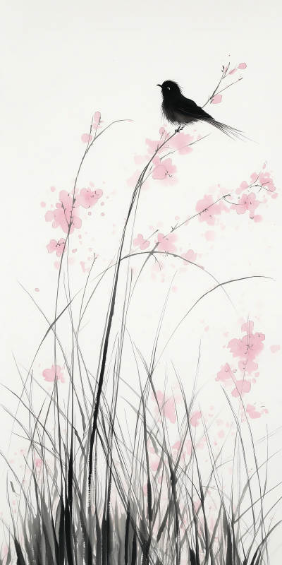 黑白水墨鸟与花枝图片
