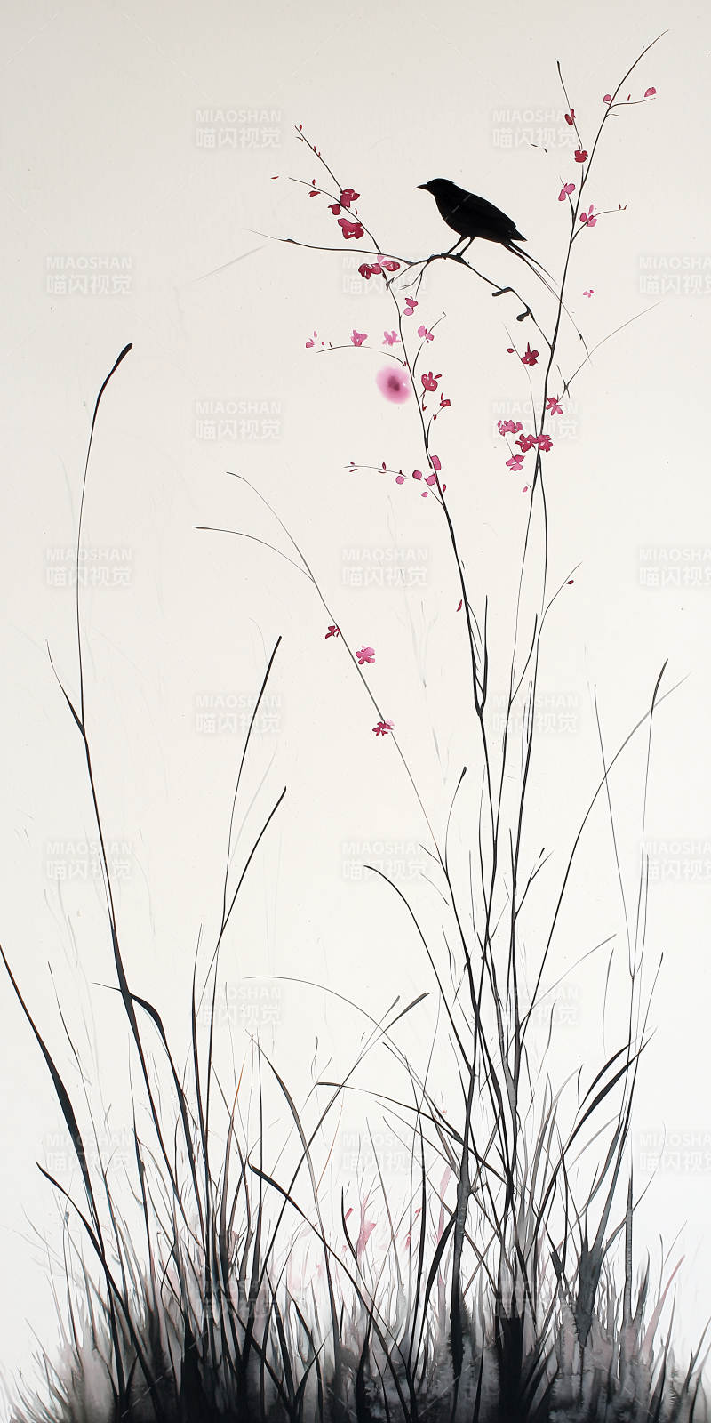 黑白水墨鸟与花枝图片