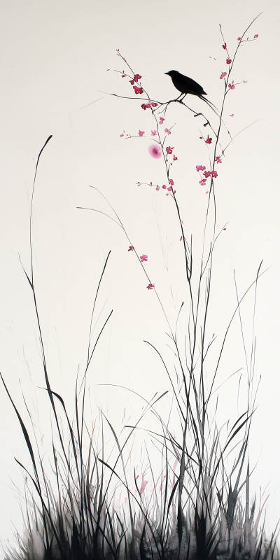 黑白水墨鸟与花枝图片