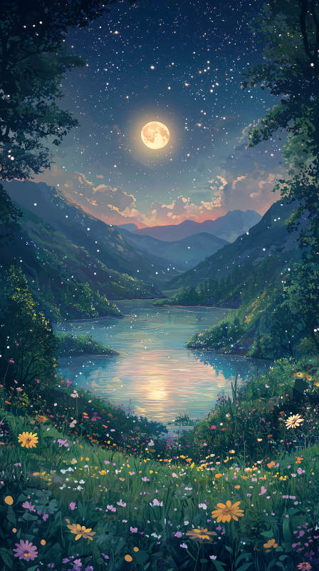 梦幻星空下的宁静湖泊图片