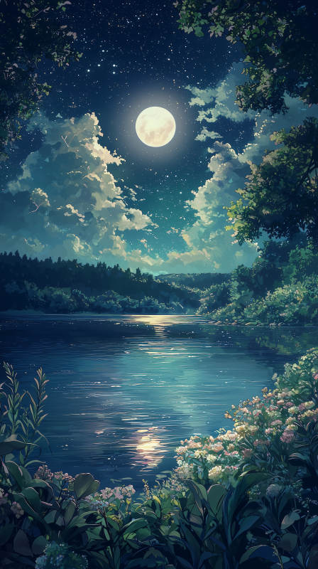 梦幻星空下的宁静湖泊图片