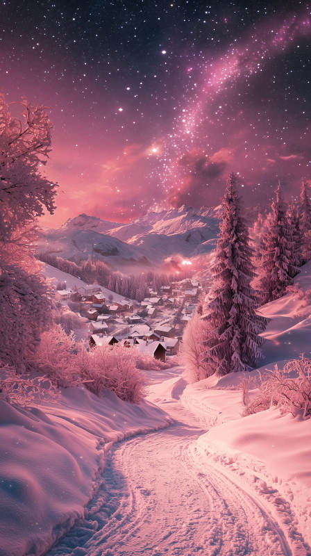 粉雪梦幻冬日村庄图片