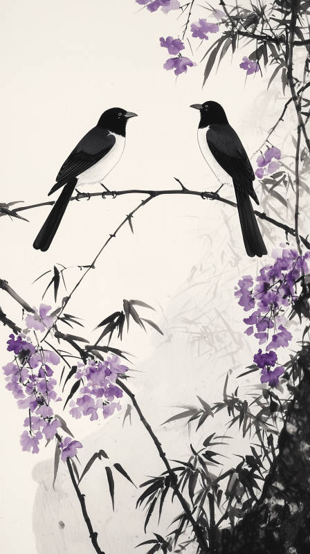 黑白水墨鸟与花枝图片