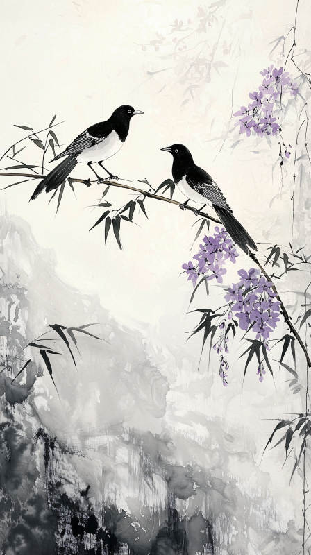 黑白水墨鸟与花枝图片