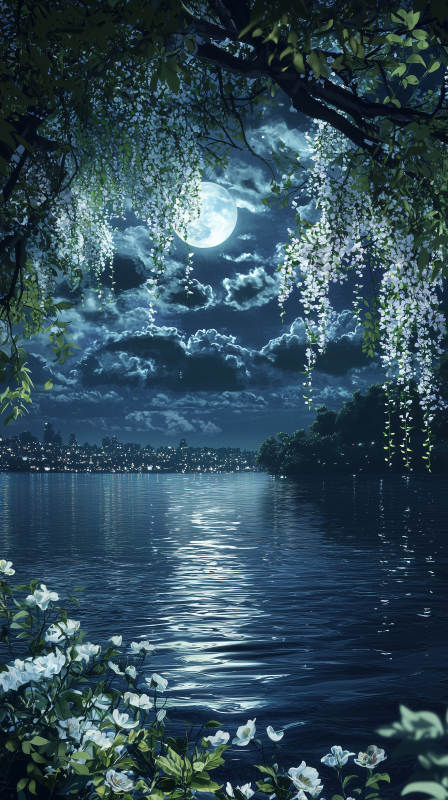 月夜湖畔静谧之景图片