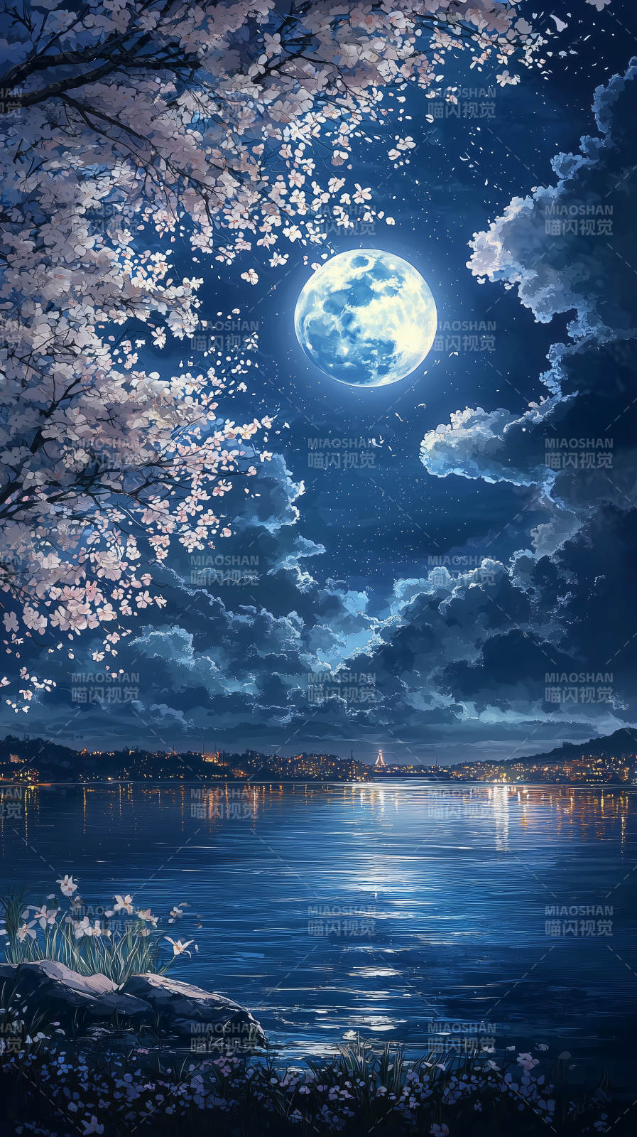 月夜湖畔静谧之景图片