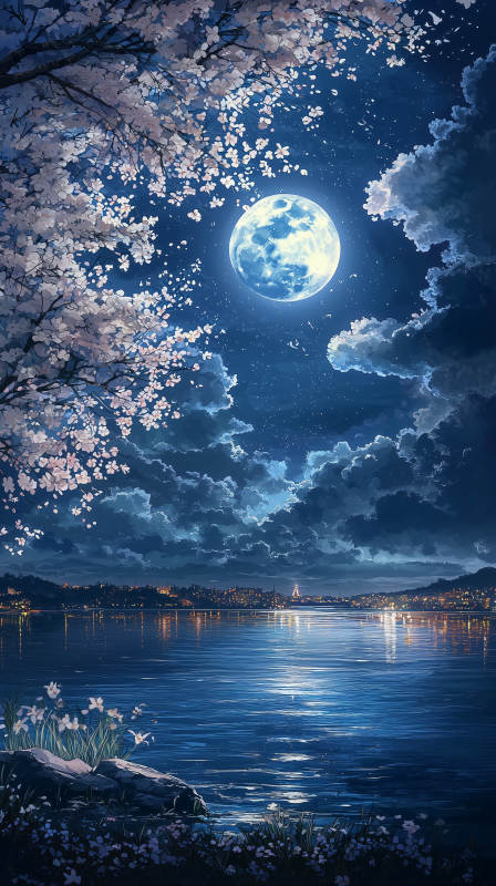 月夜湖畔静谧之景图片