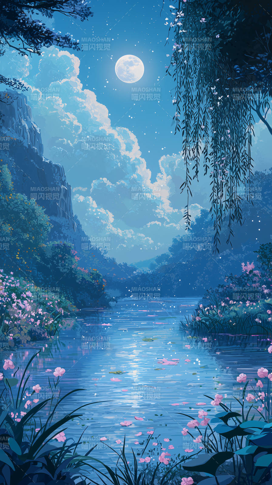 月夜湖畔静谧之景图片