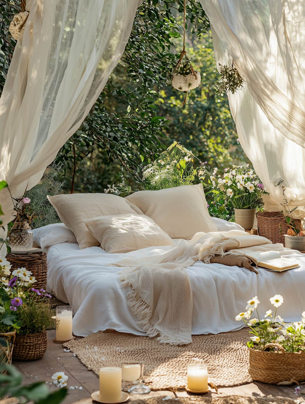 户外田园风帐篷床图片