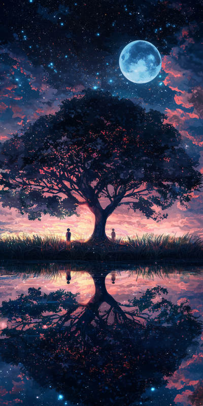 静谧湖畔的月光树图片