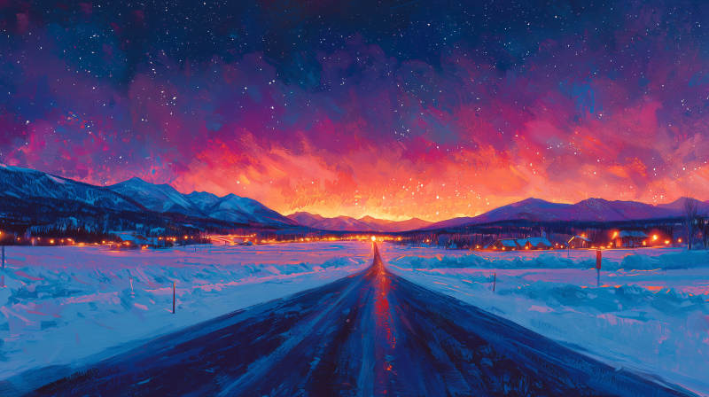 极光雪夜路图片