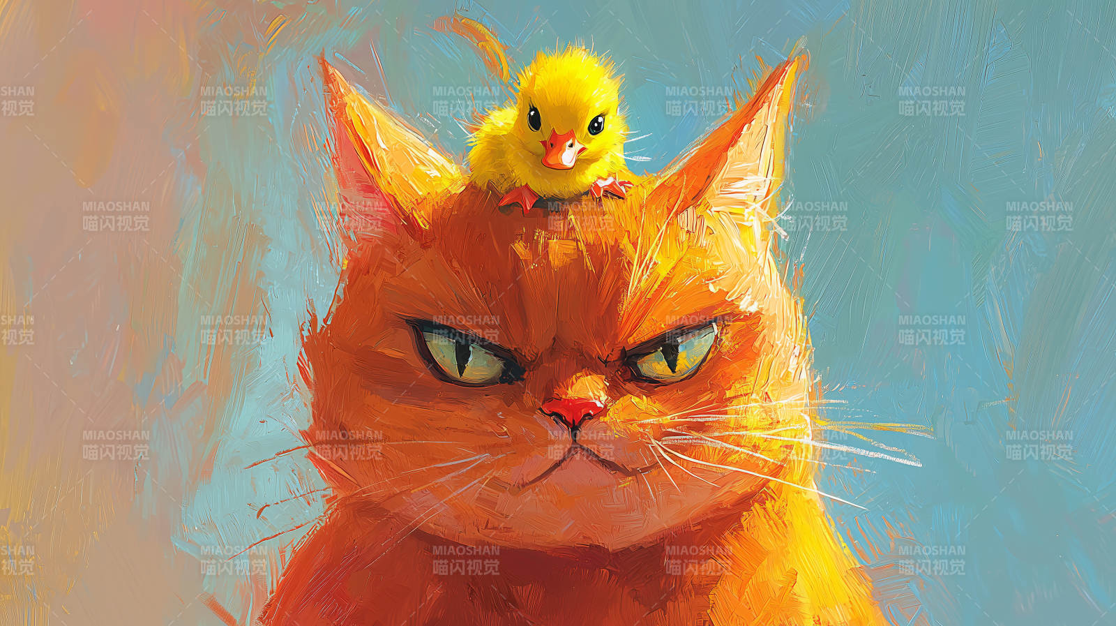 猫头上的小黄鸭图片