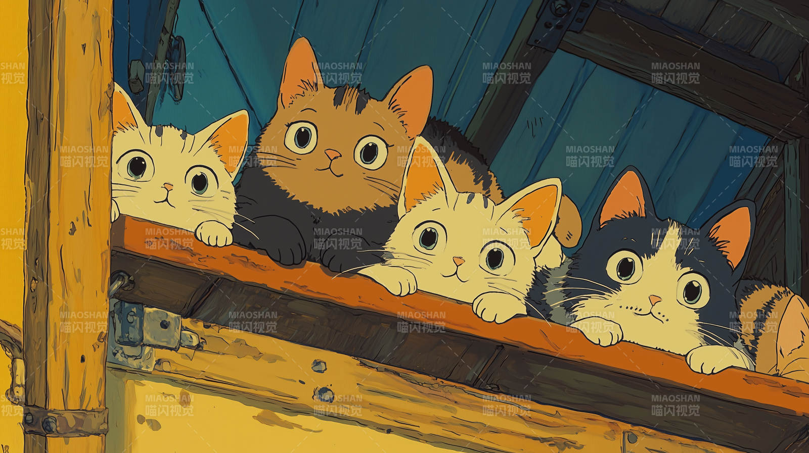 四只小猫探头望图片