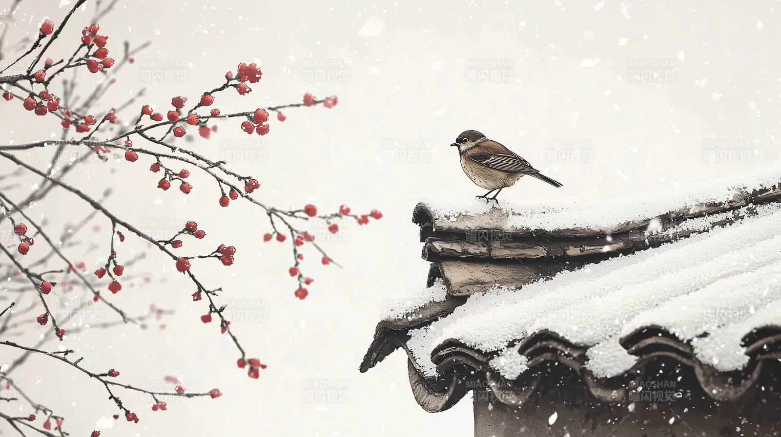 雪中鸟栖屋檐图片