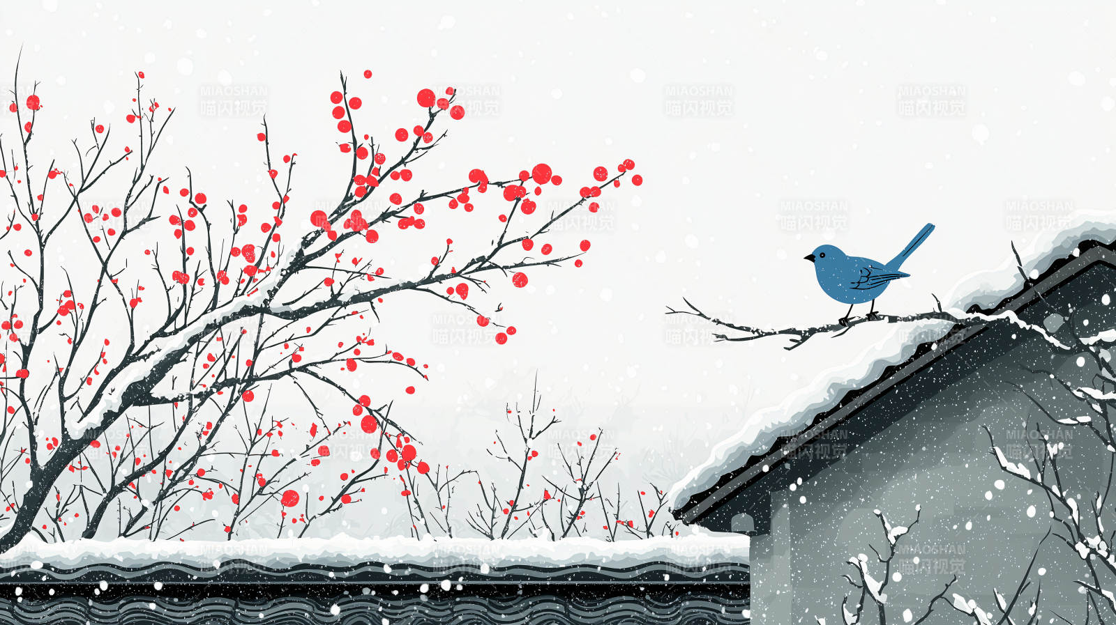 雪中梅枝鸟栖屋图片
