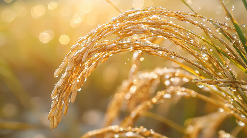 金稻露珠晨光中图片