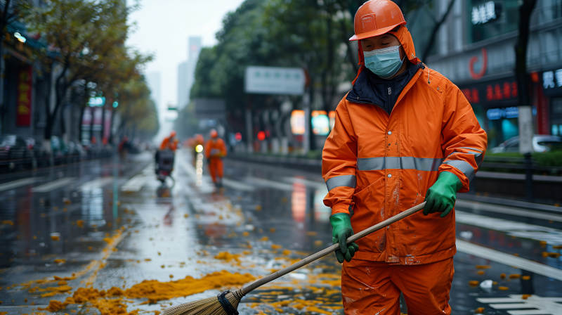 环卫工人清扫落叶图片