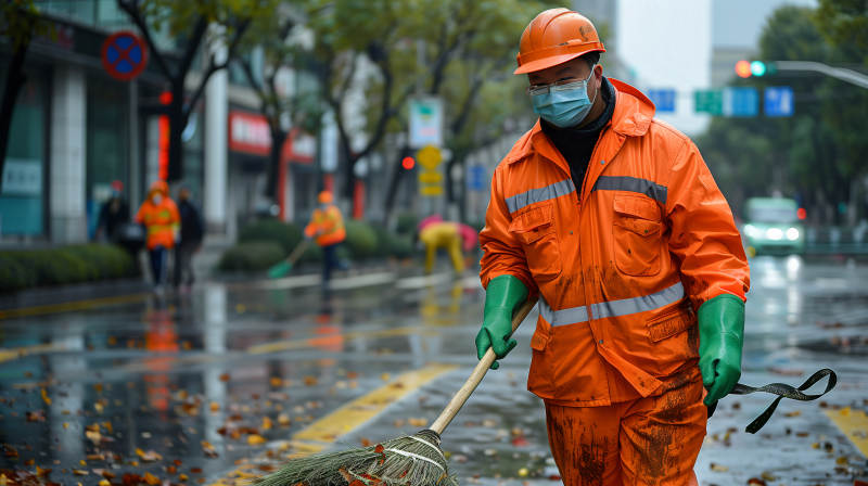 环卫工雨中清扫图片