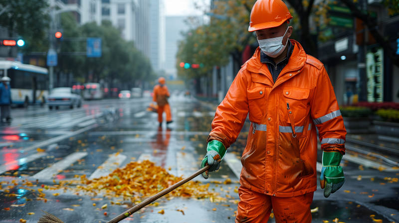 环卫工清扫落叶图片