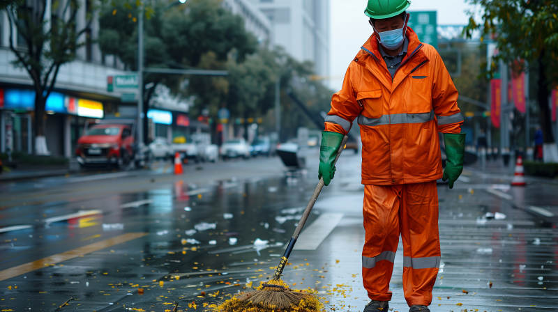 环卫工雨中扫街图片