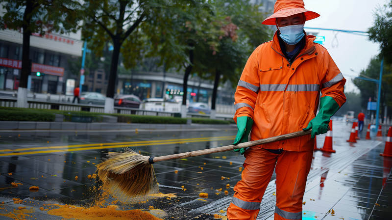 环卫工人清扫落叶图片