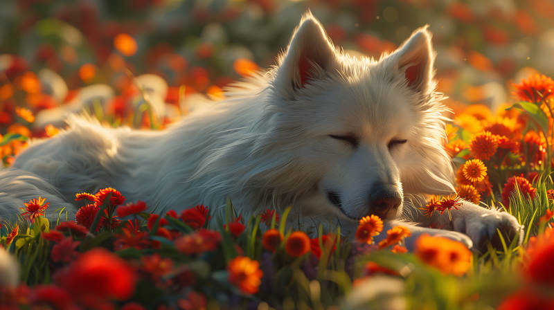 雪狼花间憩图片