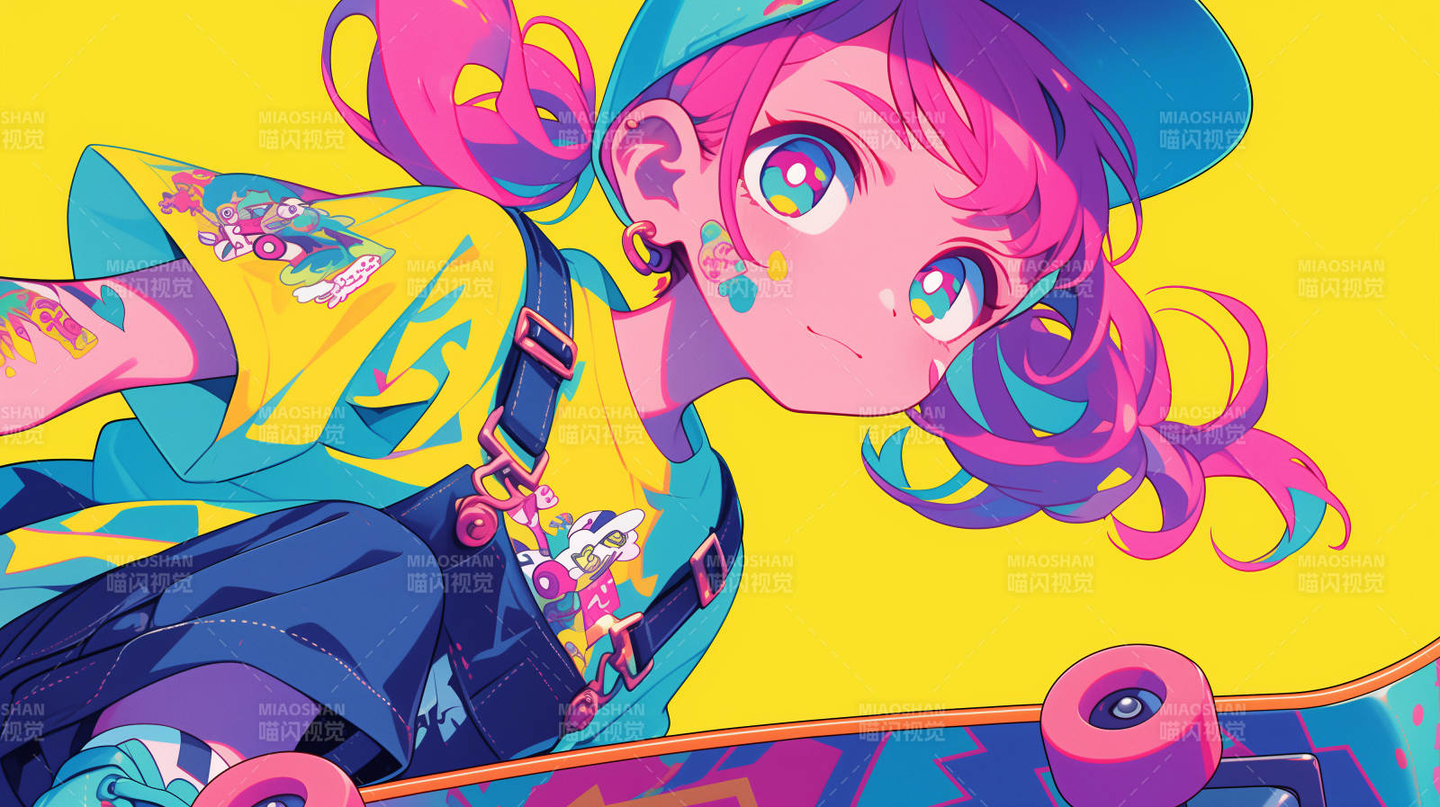 粉发少女滑板行图片