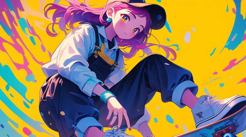 粉发少女滑板瞬间图片