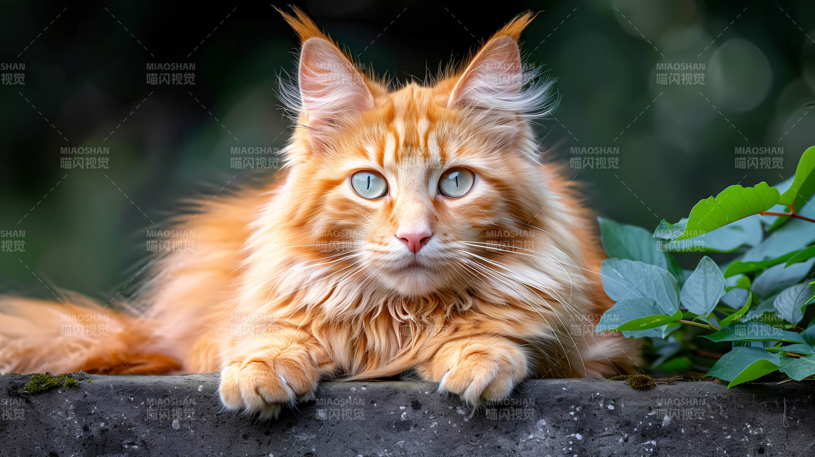 橙猫静卧绿叶旁图片