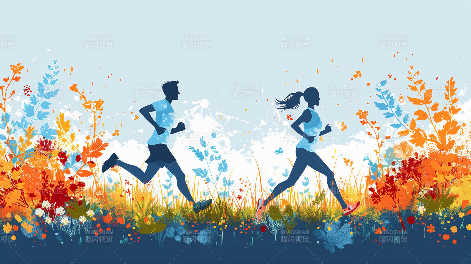 秋日奔跑的剪影图片