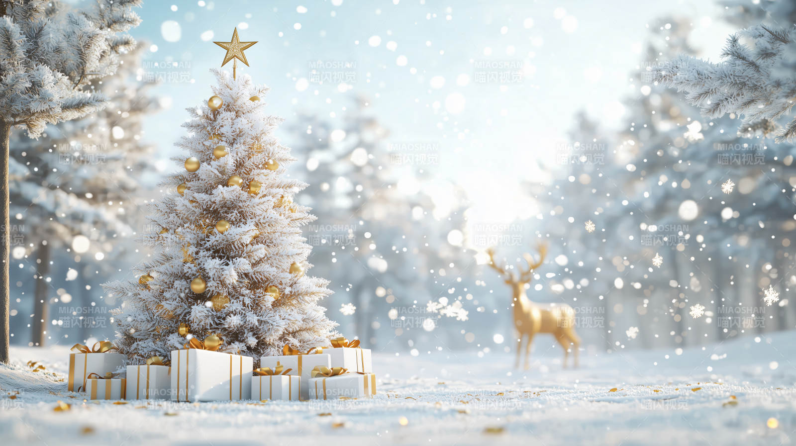 雪中圣诞树与鹿图片