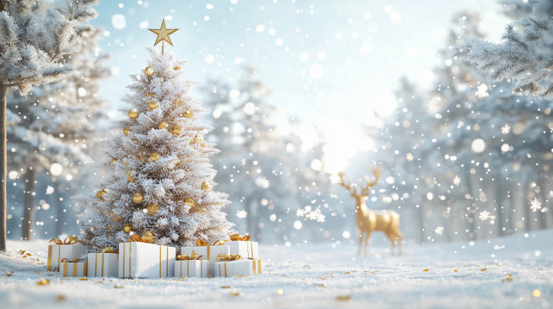 雪中圣诞树与鹿图片