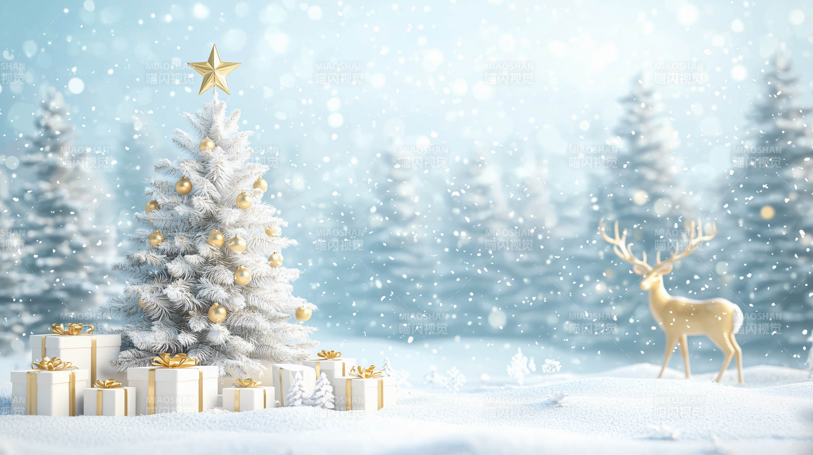 雪景圣诞树与鹿图片