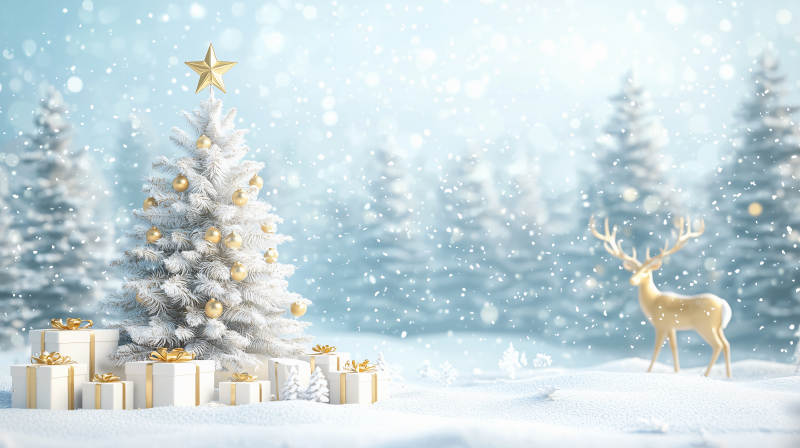 雪景圣诞树与鹿图片