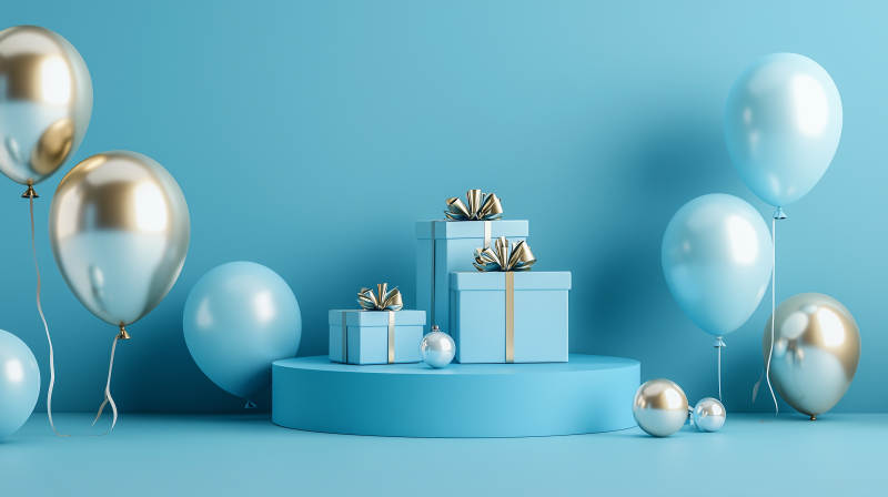 蓝色礼盒与气球图片